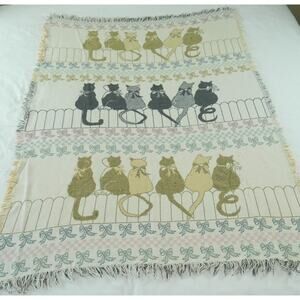 Vintage Woven Tapestry Blanket Cat Bows Kitty Cottagecore 90s Cute 62" x 45"